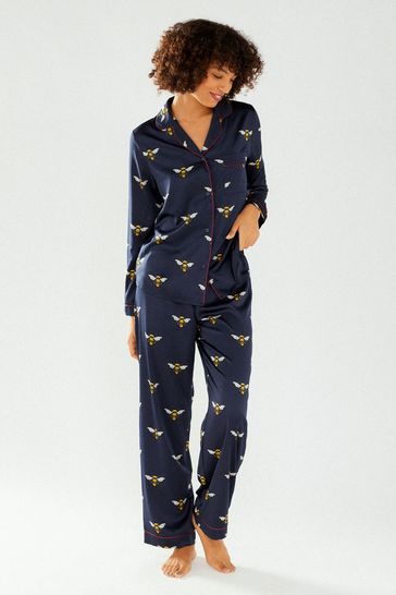 Chelsea Peers Blue Bee Satin Button Up Long Pyjama Set
