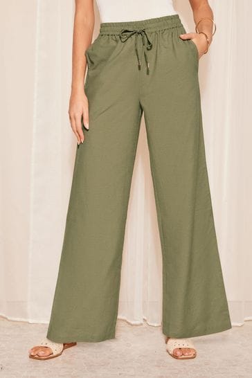 Friends Like These Khaki Green Wide Leg Trousers With Linen