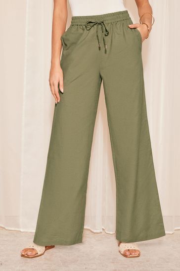 Friends Like These Khaki Green Wide Leg Trouser With Linen