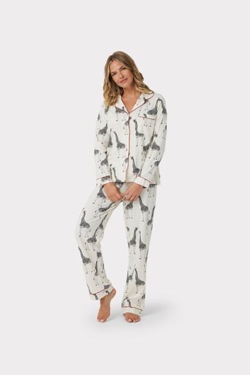 Chelsea Peers Cream Giraffe Button Up Long Pyjama Set