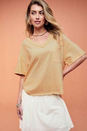 Yellow Oversized Linen Look Washed Pocket Detail Slouch V-Neck T-Shirt