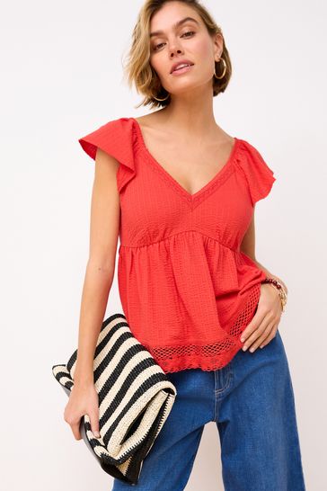 Red Lace Trim Flutter Sleeve Summer Holiday Top