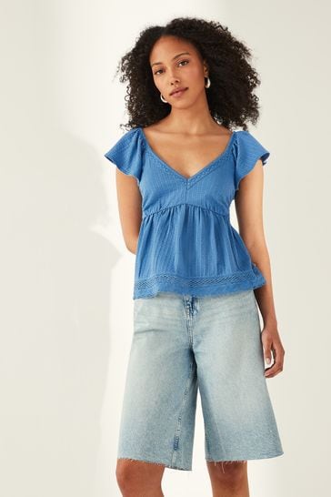 Blue Lace Trim Flutter Sleeve Summer Holiday Top