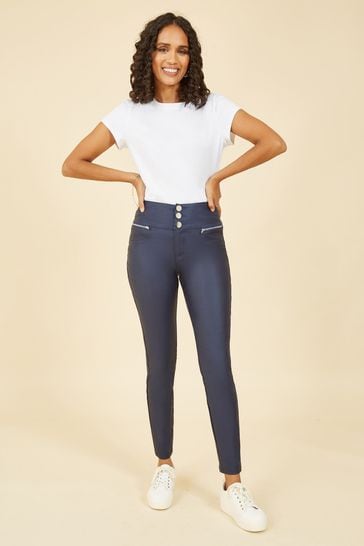 Yumi Blue Wet Look Jeggings With Zips