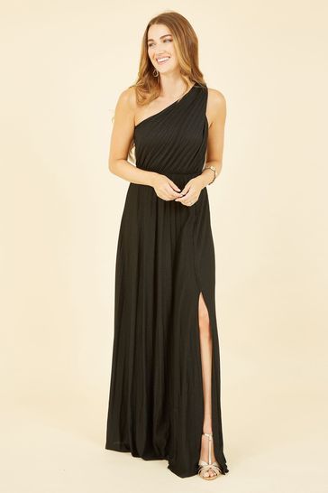 Yumi Black One Shoulder Pleated Maxi Dress With Split Hem