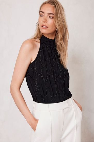 Mint Velvet Black Metallic Halter Top