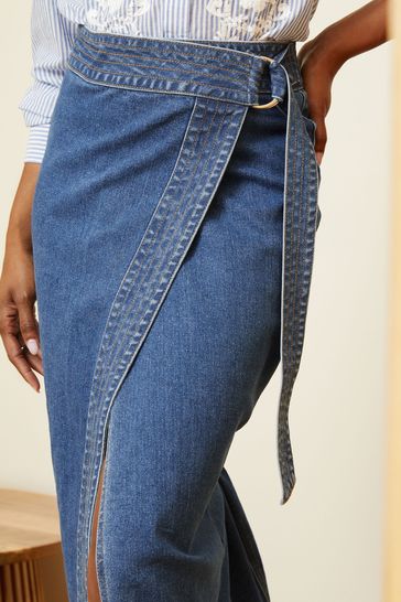 Buy Love Roses Midwash Blue Wrap Denim Midi Skirt from Next Bahrain