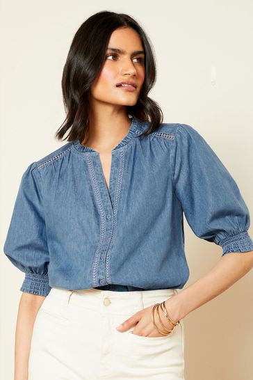 Love & Roses Blue Chambray Trim Puff Sleeve Blouse