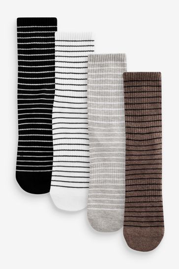 Black/White/Grey/Brown Stripe Cushion Sole Ribbed Ankle Socks With Arch Support 4 Pack