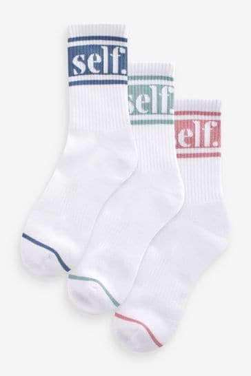 self. Pink/Navy/ Teal Cushioned Sole Ribbed Slogan Ankle Socks 3 Pack