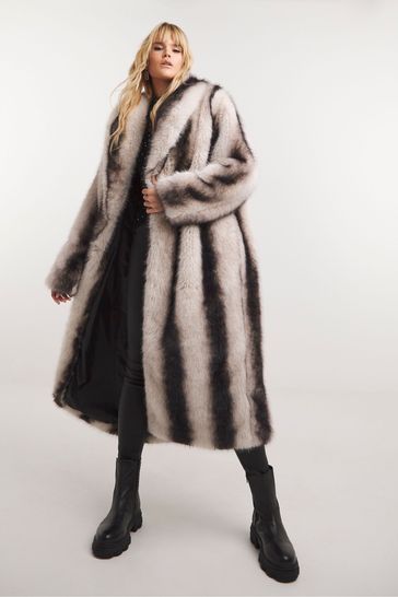 Simply Be Black Mono Stripe Faux Fur Maxi Coat