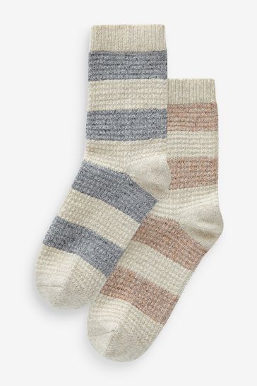Neutral Stripe Waffle Texture Thermal Wool Blend Ankle Socks With Silk 2 Pack
