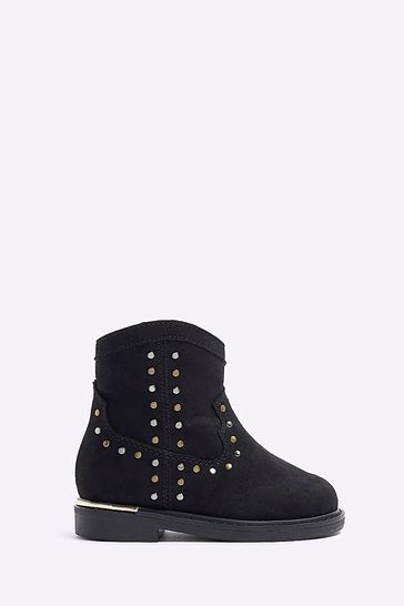 River Island Black Girls Black Studded Western Boots