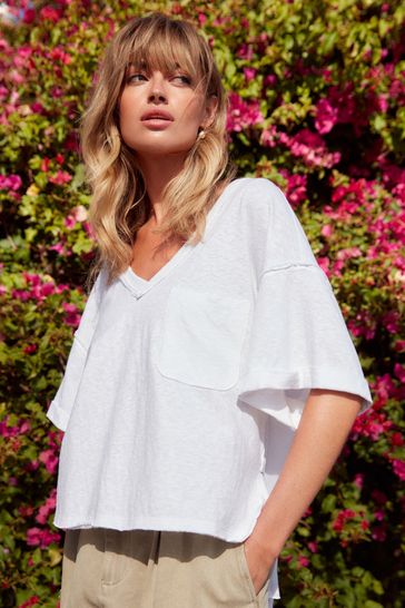 White Oversized Linen Look Washed Pocket Detail Slouch V-Neck T-Shirt