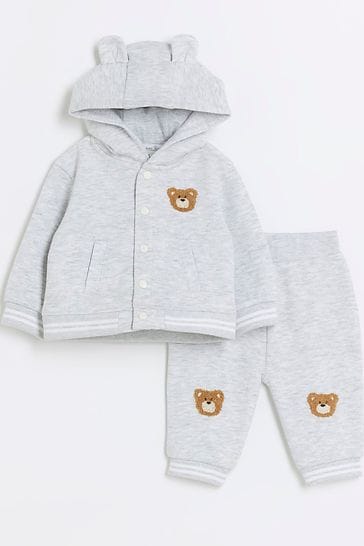 River Island Grey Baby Boys Teddy Bear Sweat Set