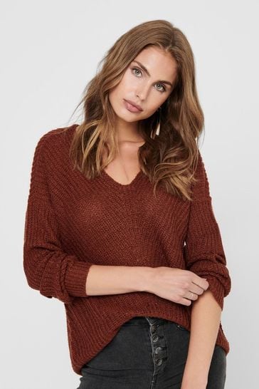 Buy JDY Brown V Neck Relaxed Textured Knitted Jumper from Next Canada