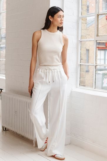 White Textured Elasticated Wide Leg Trousers