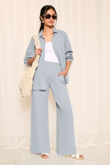 Friends Like These Blue Crinkle Cotton Elasticated Wide Leg Trousers