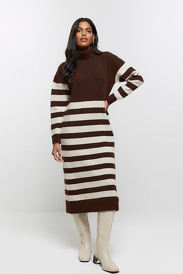 Buy River Island Brown Stripe Roll Neck Knitted Midi Dress from Next Bahrain