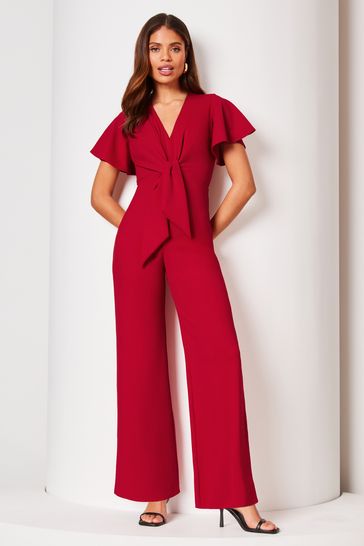 Lipsy Red Flutter Sleeve V Neck Tie Front Wide Leg Jumpsuit