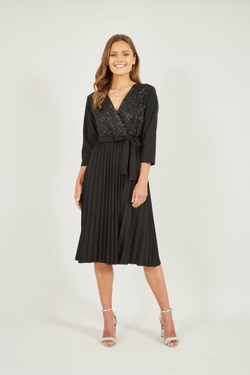 Mela Black Sequin Wrap Midi Dress With Pleats