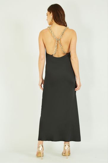 Buy Mela Black Satin Cowl Neck Maxi Dress With Chain Straps from