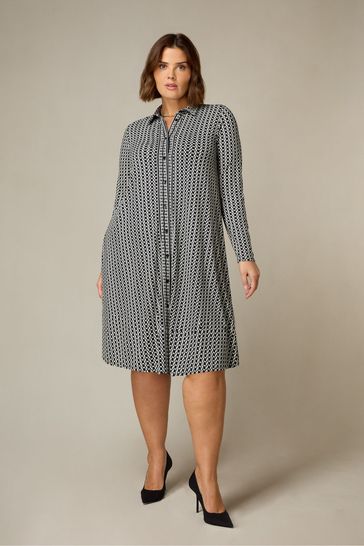 Live Unlimited Curve - Mono Geo Print Jersey Relaxed Black Shirt Dress