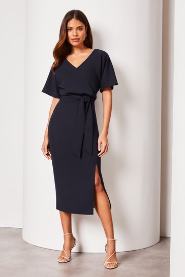 Lipsy Navy Blue V Neck Flutter Sleeve Belted Midi Dress