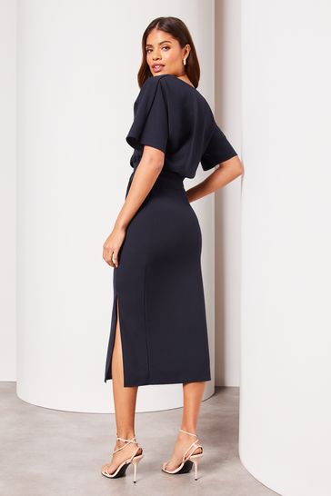 Lipsy Navy Blue Petite V Neck Flutter Sleeve Belted Midi Dress