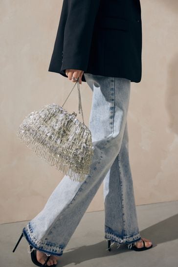 Silver Beaded Fringe Clutch Bag