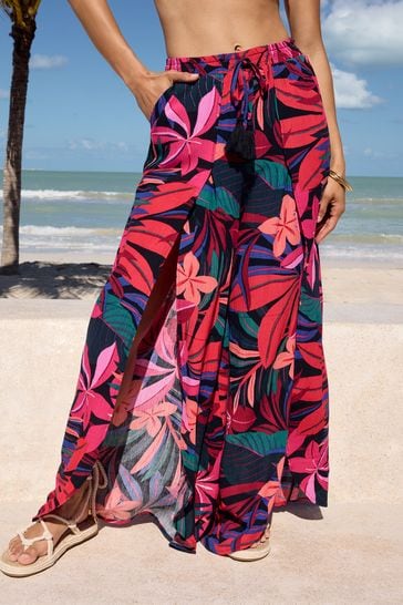 Love & Roses Pink Print Petite Split Detail Beach Tie Front Trousers