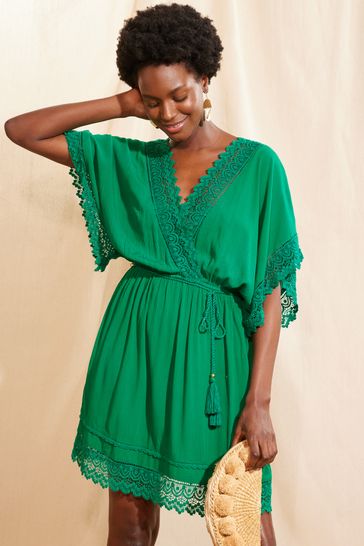 Love & Roses Green Petite Lace Trim Belted Cover Up Kaftan