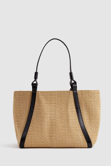 Reiss Natural Nova Raffia Leather Strap Tote Bag