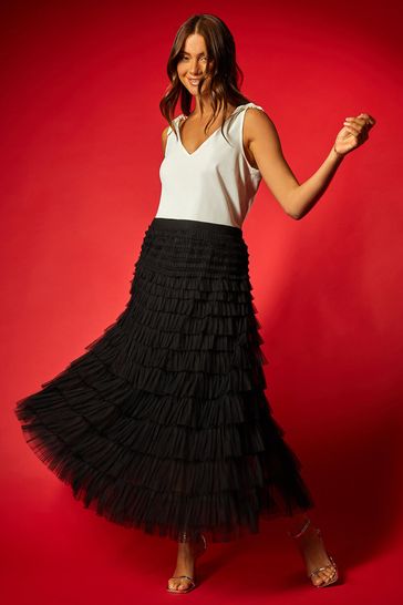Roman Black Elasticated Mesh Tiered Ruffle Skirt