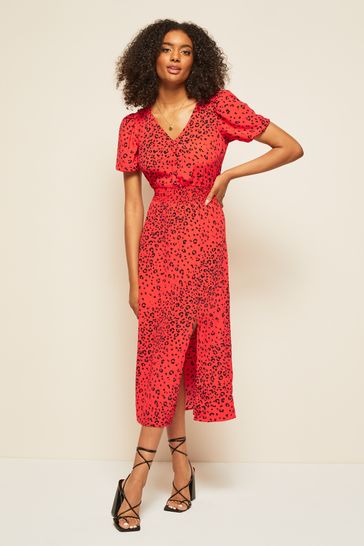 Friends Like These Red Animal Short Sleeve Ruched Waist Detail Midi Dress