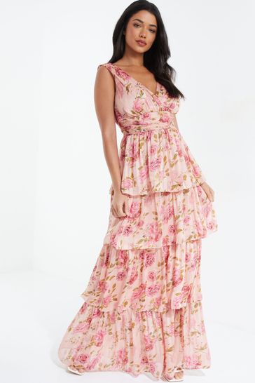 Buy Quiz Pink Multi Chiffon Floral Wrap Tiered Maxi Dress from