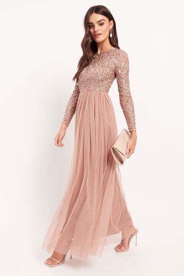 Maya Pink Embellished Long Sleeve Maxi Dress