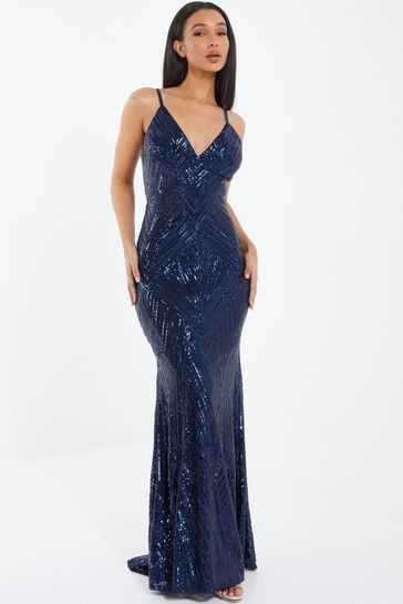 Quiz Blue Sequin V - Neck Strap Fishtail Maxi Dress