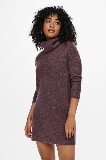 ONLY Burgundy Red Knitted Roll Neck Jumper Dress