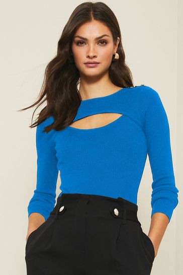 Lipsy Blue Knitted Military Button Cut Out Jumper