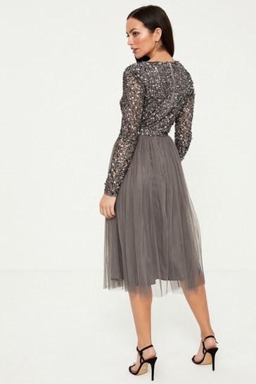 Maya Grey Regular Embellished Wrap Long Sleeve Midi Dress