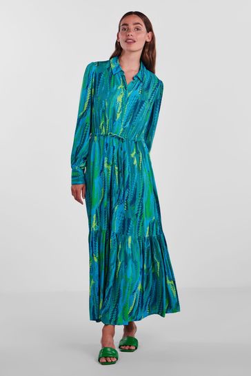 Y.A.S Blue Premium Printed Maxi Shirt Dress With Belt