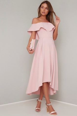 peach bardot dress