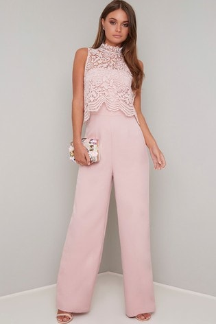 Chi Chi London Pink Lace Overlay Wide Leg Jumpsuit