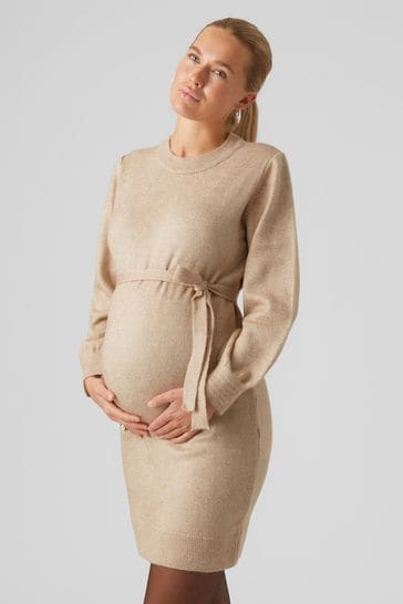Mamalicious Cream Maternity Puff Sleeve Knitted Dress
