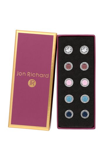 Jon Richard Silver Plated Besel Set Crystal Earrings Pack Of 5- Gift Boxed