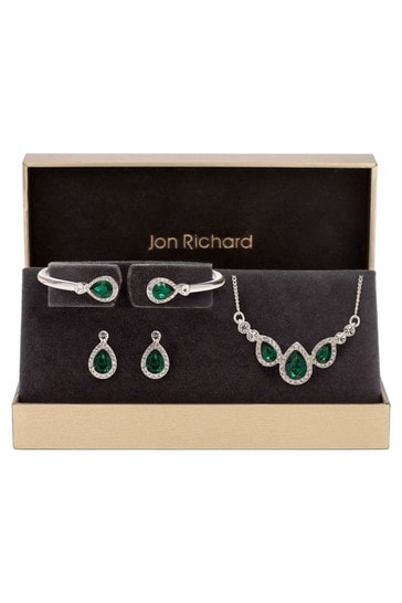 Jon Richard Silver Plated Green Blue Crystal Pear And Pave Necklace Bracelet and Earring Set