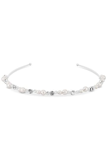 Jon Richard Silver Plated Silver Plated Clear Crystal Poppy Pearl And Crystal Bead Headband - Gift Pouch