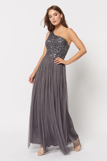 Buy Maya Charcoal One Shoulder Delicate Sequin Waist Tie Maxi