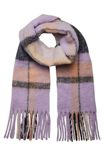 PIECES Purple Check with Tassels Cosy Chunky Long Checked Scarf